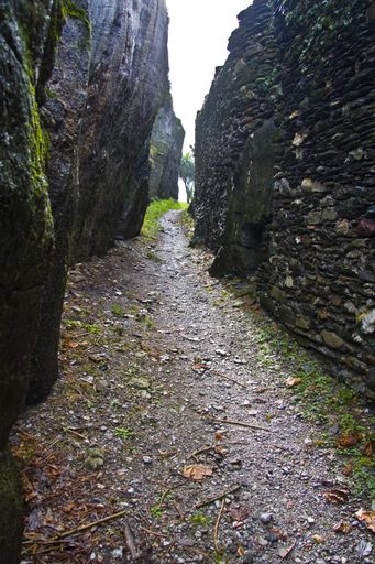 A vertical shot of a pathway in the middle of a cliff and a rock wall