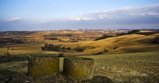 A wide shot of dry grassy hills with trees under a blue cloudy sky