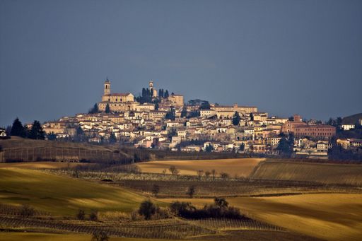 A beautiful shot of dry grassy fields with buildings on the hill in the distance under a clear blue sky