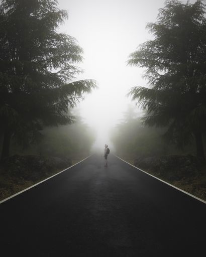 A vertical shot of a male walking on an empty road surrounded by trees under a foggy weather