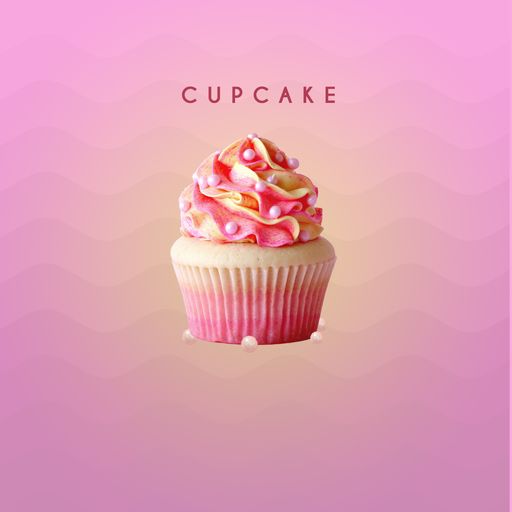 A closeup shot of a pink cupcake on a pink patterned background with the word "cupcake" above