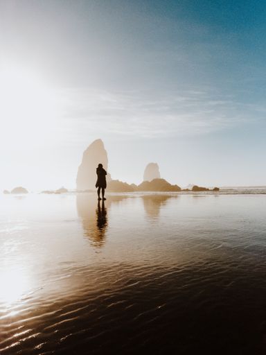 A silhouette of a person standing on the water with rocks in the distance under a cloudy sky in a vertical shot