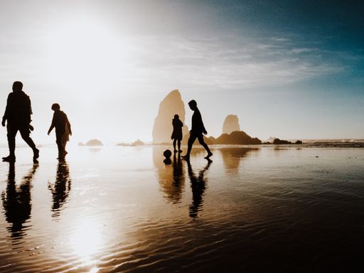 A silhouette of people walking on a wet shore with rocks in the distance under a blue sky