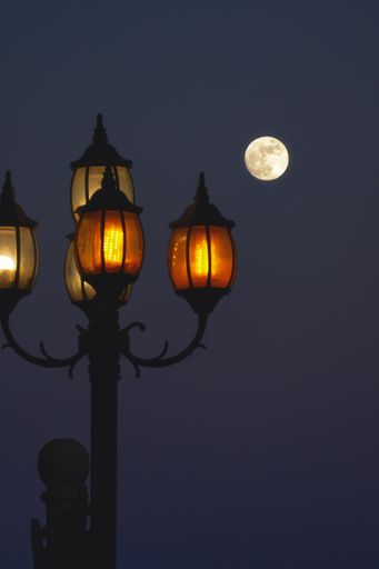 A vertical closeup of a street light in the dark at night under a full moon in the sky
