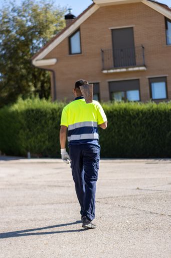 A vertical shot of a Hispanic male gardener walking with a sickle on his shoulder