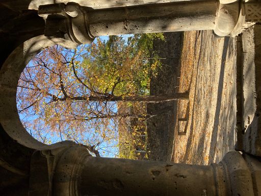 The vertical shot of an autumn view from the ancient Armenian monastery Sanahin, founded in the 10th century in the Lori Province of Armenia