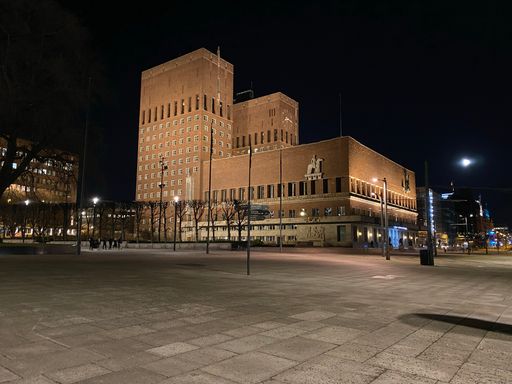 The City Council (Radhuset), landmark building in Oslo, Norway at night