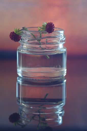 A vertical closeup shot of purple flowers in a small jar full of water reflected on the glass surface below