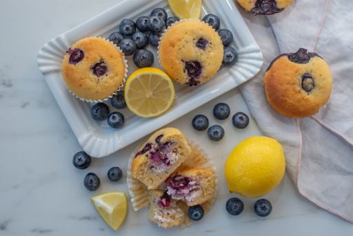 A closeup of tasty blueberry muffins on a table