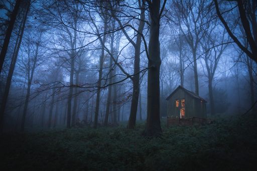a photo of night forest with small house in it