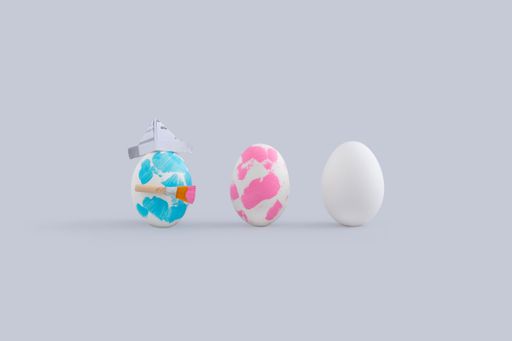 A painted egg with a paintbrush and paper hat painting other eggs on isolated white background