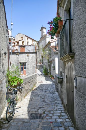 A narrow street in the historic center of Trecchina, an old town in the Basilicata region, Italy