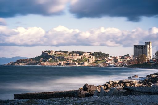 A long exposure view of the castle at Mytilini, Greece on cloudy sky background