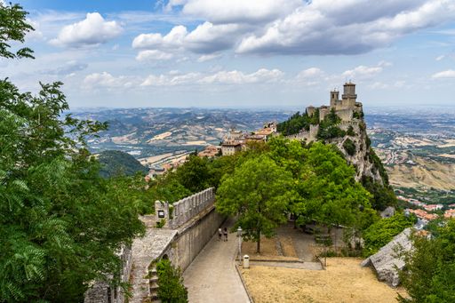 A scenic panoramic view of Guaita Fortress in the Republic of San Marino seen from Mount Titano