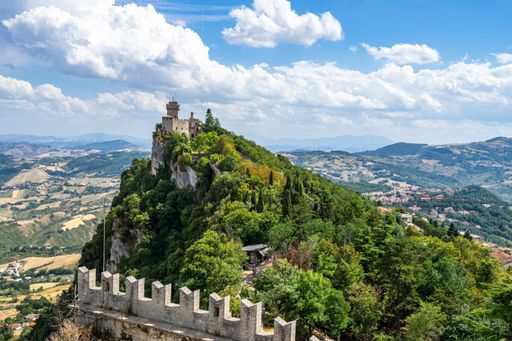 A scenic panoramic view of Guaita Fortress in the Republic of San Marino seen from Mount Titano