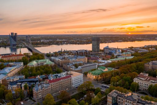 A beautiful aerial shot of Riga, Latvia during sunset