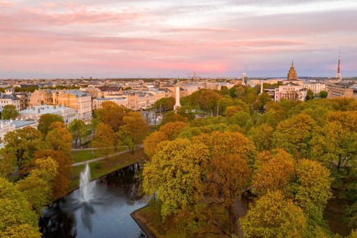 An aerial shot of the cityscape of Riga during a beautiful sunset in Latvia