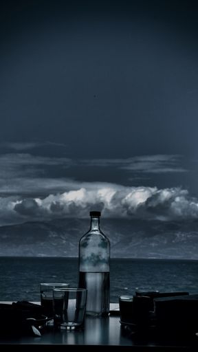 The vertical shot of a glass bottle with alcohol in it and glasses on a table with a sea landscape in the background