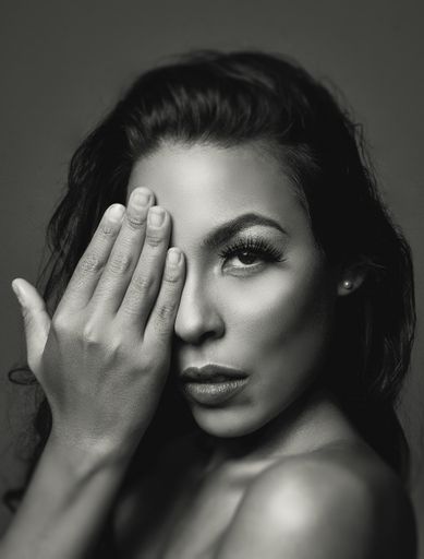 A vertical grayscale shot of a Hispanic female one eye closed with her hand