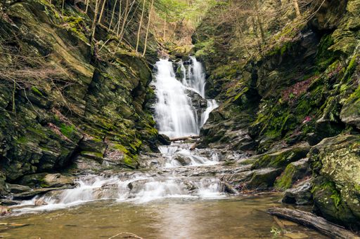 A scenic view of beautiful waterfalls in a southern Vermont mountain stream