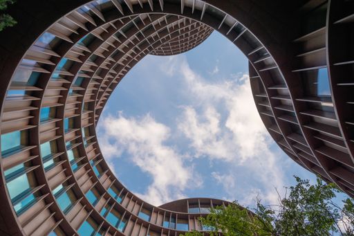 Close up shots of Axel Towers building view from interior court in Copenhagen downtown, opposite Tivoli Gardens