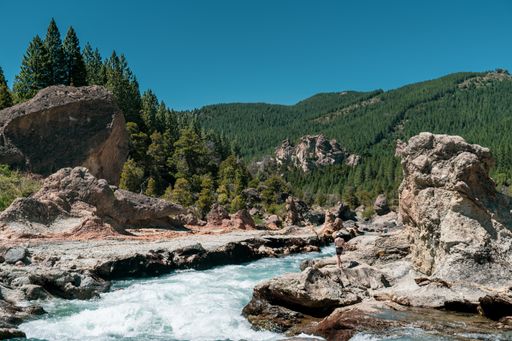A scenic view of a river flowing through rocky banks against mountains covered with pine forests on a sunny day