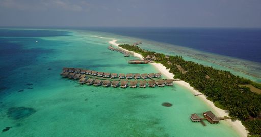 An aerial beautiful view of seascape surrounded by cabins and  growing trees in Maldives
