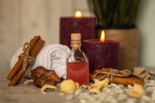 The spa essentials for aromatherapy including towel and natural oil