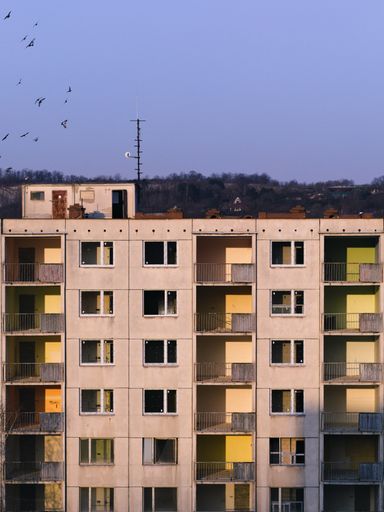 A vertical shot of an abandoned panel building in Krasne Brezno, Czech Republic