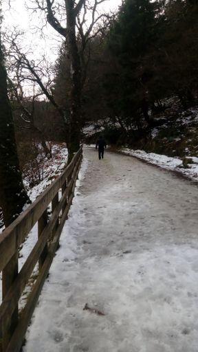A vertical shot of a man walking through the park covered in snow