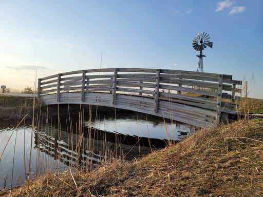 A wooden bridge over a small pond and a windmill in the background during sunrise in Norman J Levy Park and Preserve, New York