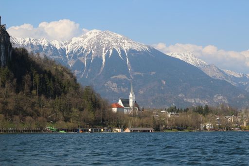 A beautiful view of the Lake Bled surrounded by the Alps in Slovenia