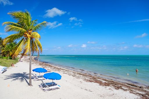 A beautiful view of the calm ocean gleaming under the cloudy blue sky on the coast