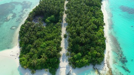 An aerial top view of an island covered with greenery against a turquoise sea on a sunny day