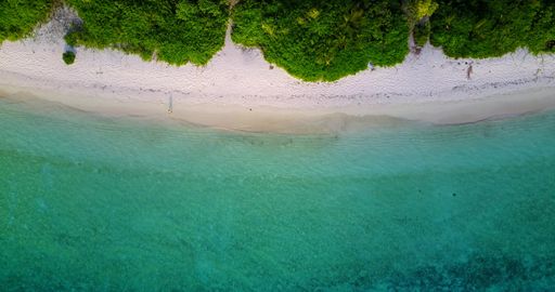 An aerial top view of an island covered with greenery against a turquoise sea on a sunny day