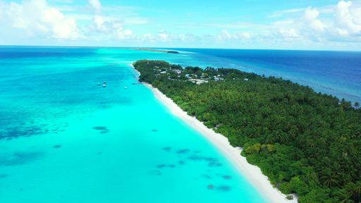 An aerial view of an island covered with greenery against a turquoise sea on a sunny day