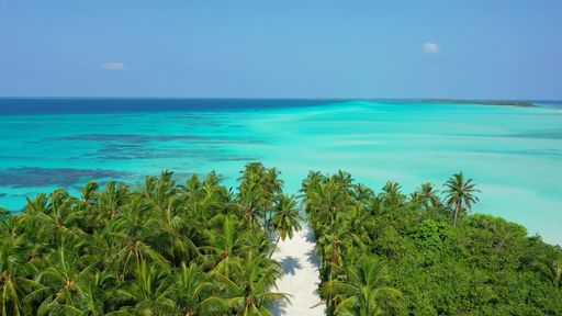 An aerial view of a beautiful beach landscape in The Maldives