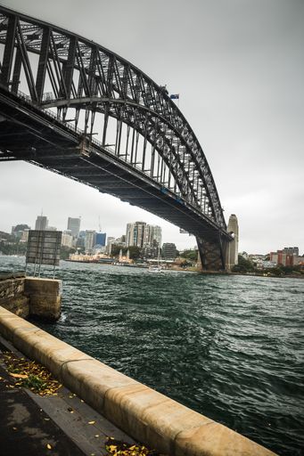 A vertical low angle shot of the Sydney Harbor bridge in Australia