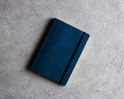 An overhead shot of a notebook on a gray background
