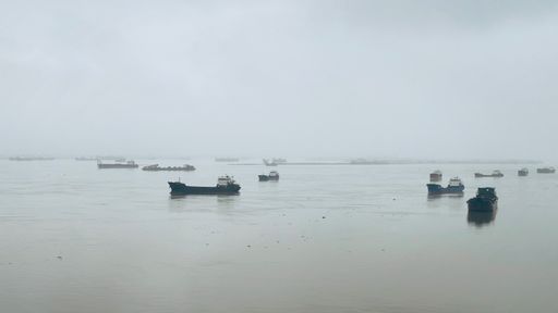 A beautiful view of cargo ships in the sea with slight fog against a gray sky on the horizon