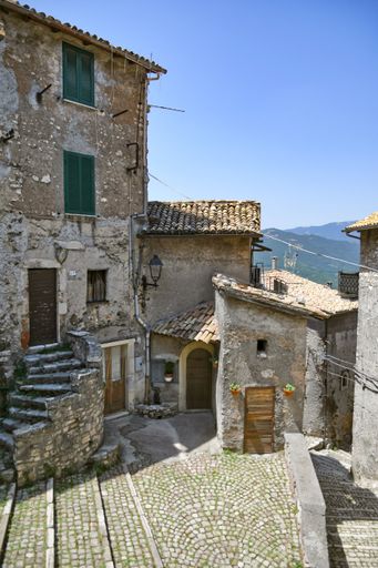 A narrow street in Carpineto Romano, an Italian village near Rome, Italy