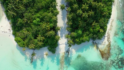 A bird's eye view of the azure water of the ocean and tropical forest in Asia