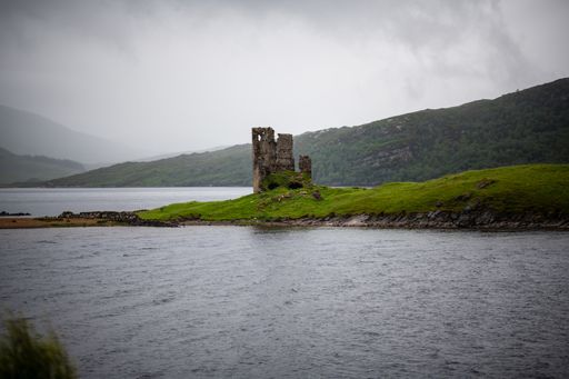 A scenic view of Ardvreck castle ruins, Scotland