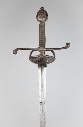 A vertical shot of a sword isolated on gray background