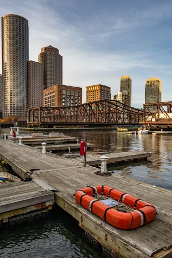 An orange coloured life raft in Boston Harbour