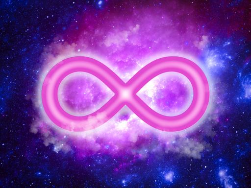 Infinity sign on the background of a space landscape with stars and nebulae - abstract 3d illustration. Esoteric, astrological or astronomical theme.