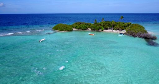 A high angle shot of a tropical island in Maldives surrounded by the  turquoise waters of an ocean