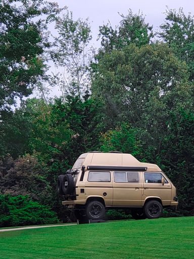 A vertical shot of a beautiful van parking on the side of a green garden