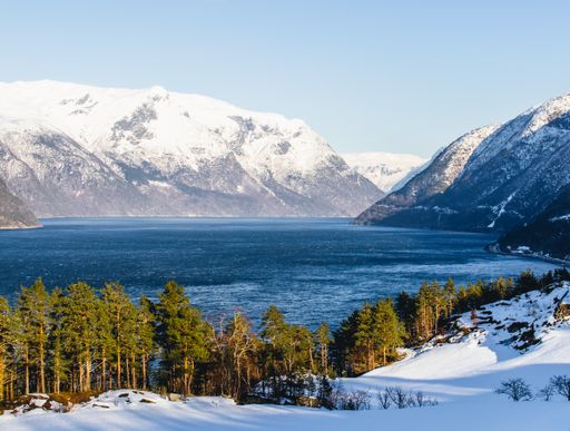 A tranquil scenery of the Hardangerfjord fjord during winter in Norway