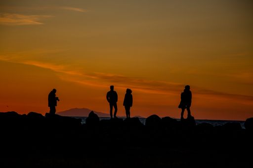 Silhouettes of people on the coast of Iceland at sunset